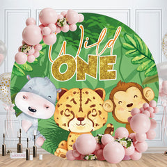 Aperturee - Green Leaves And Animals Round Birthday Backdrop