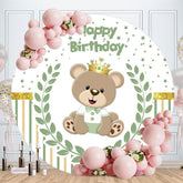 Aperturee - Green Leaves And Bear Round Birthday Backdrop