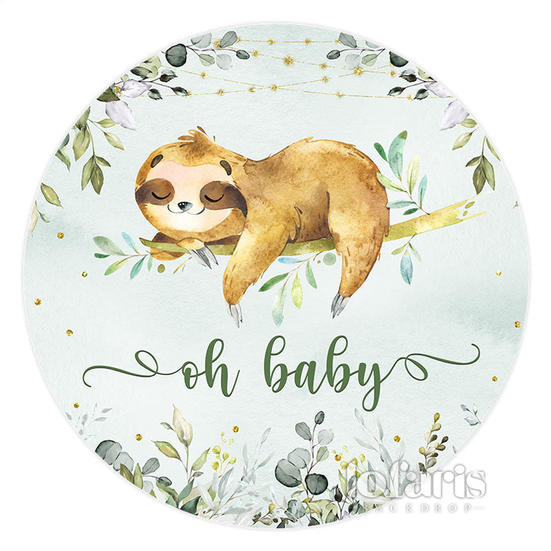 Aperturee Green Leaves And Cute Sloth Round Baby Shower Backdrop
