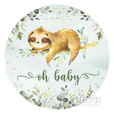 Aperturee Green Leaves And Cute Sloth Round Baby Shower Backdrop