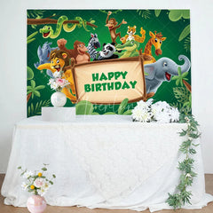 Aperturee - Green Leaves Animals Wood Sign Birthday Backdrop