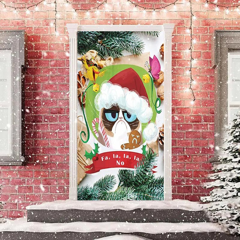Aperturee - Green Leaves Cute Cat Merry Christmas Door Cover