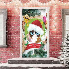 Aperturee - Green Leaves Cute Cat Merry Christmas Door Cover