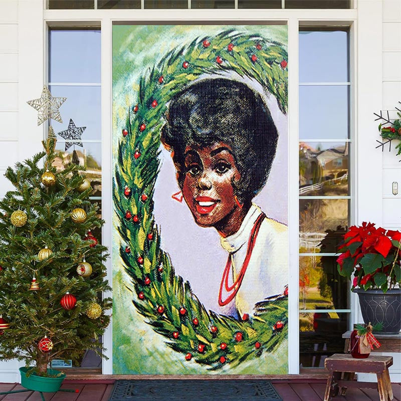 Aperturee - Green Leaves Elegant Woman Christmas Door Cover