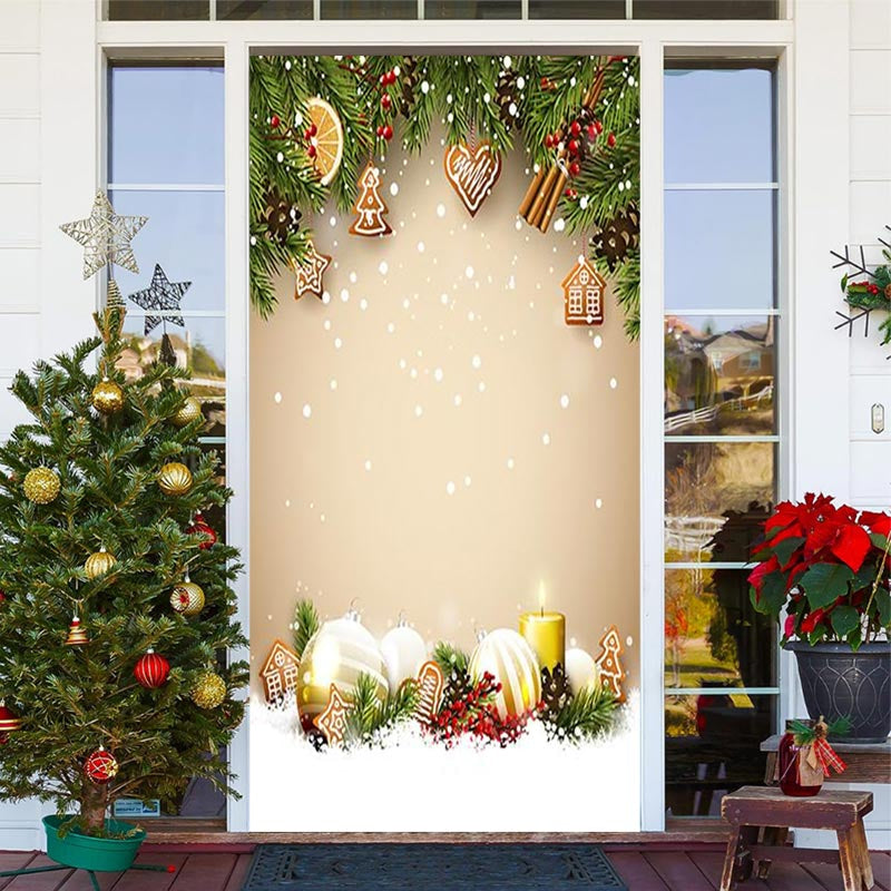 Aperturee - Green Leaves Gingerbread Snowy Christmas Door Cover