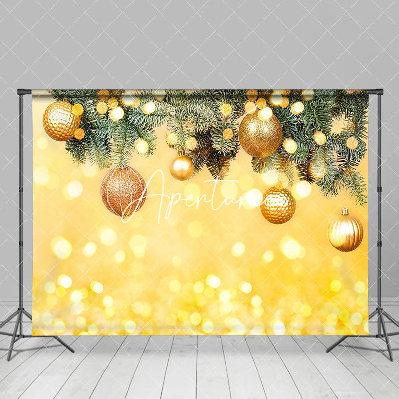 Aperturee - Green Leaves Gold Bells Bokeh Christmas Backdrop
