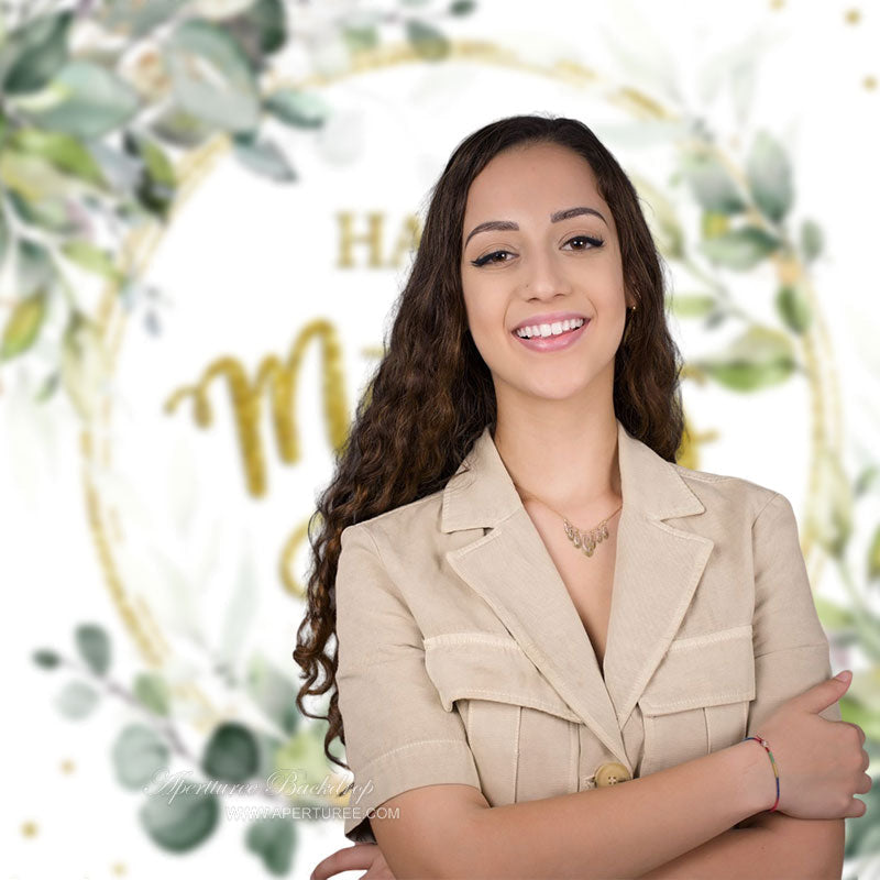 Aperturee - Green Leaves Gold White Happy Mothers Day Backdrop