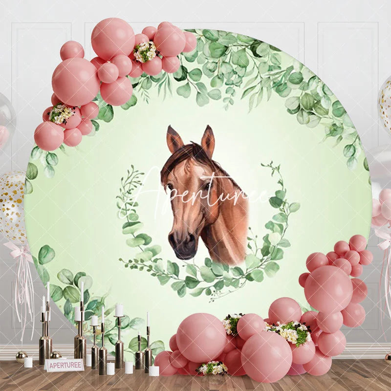 Aperturee - Green Leaves Horse Round Baby Shower Backdrop For Boy