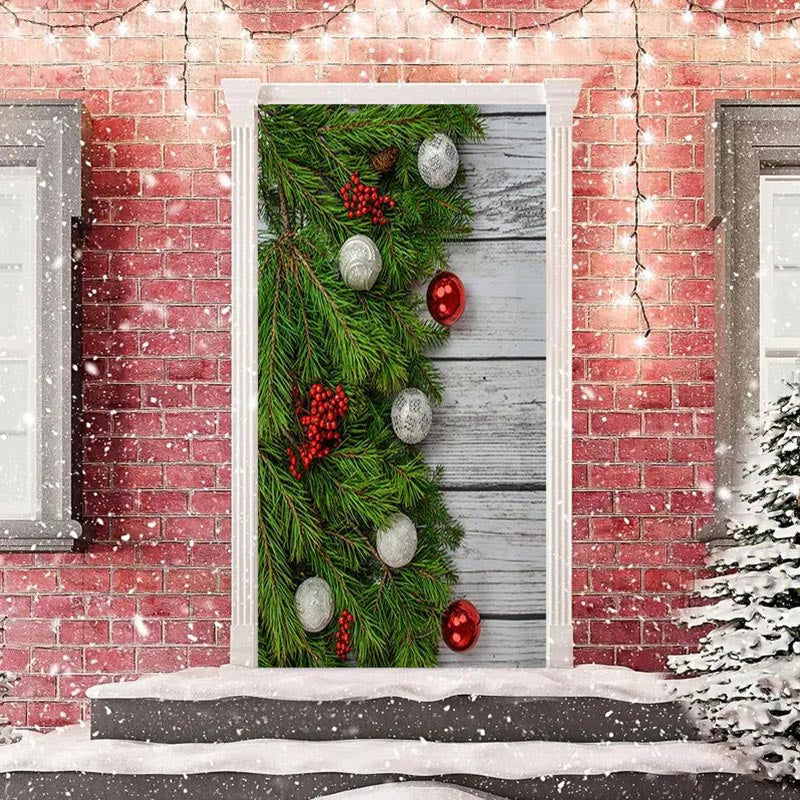 Aperturee - Green Leaves White Wooden Board Christmas Door Cover