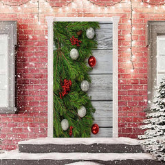 Aperturee - Green Leaves White Wooden Board Christmas Door Cover