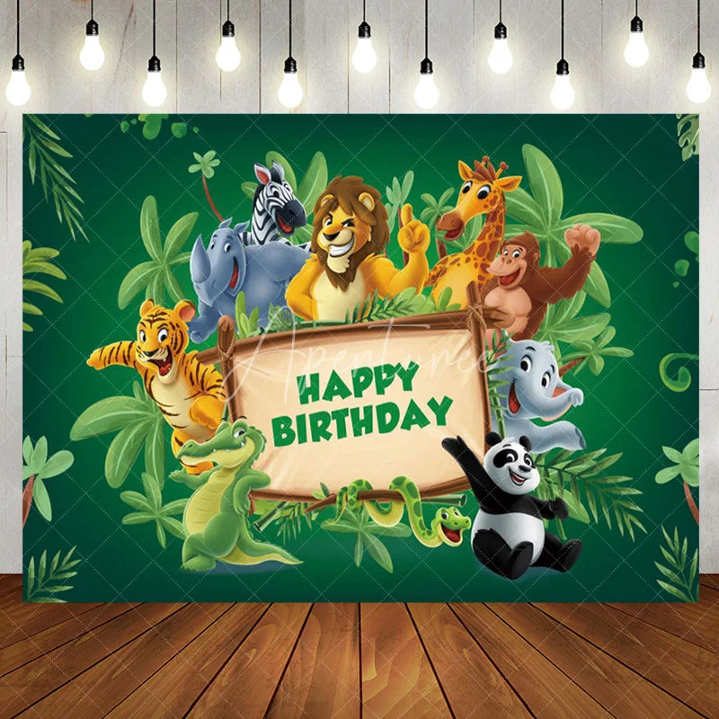 Aperturee - Green Leaves Wood Sign Animals Birthday Backdrop