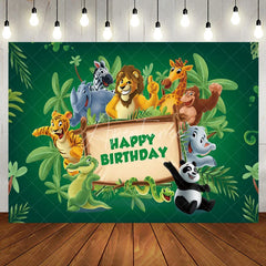 Aperturee - Green Leaves Wood Sign Animals Birthday Backdrop