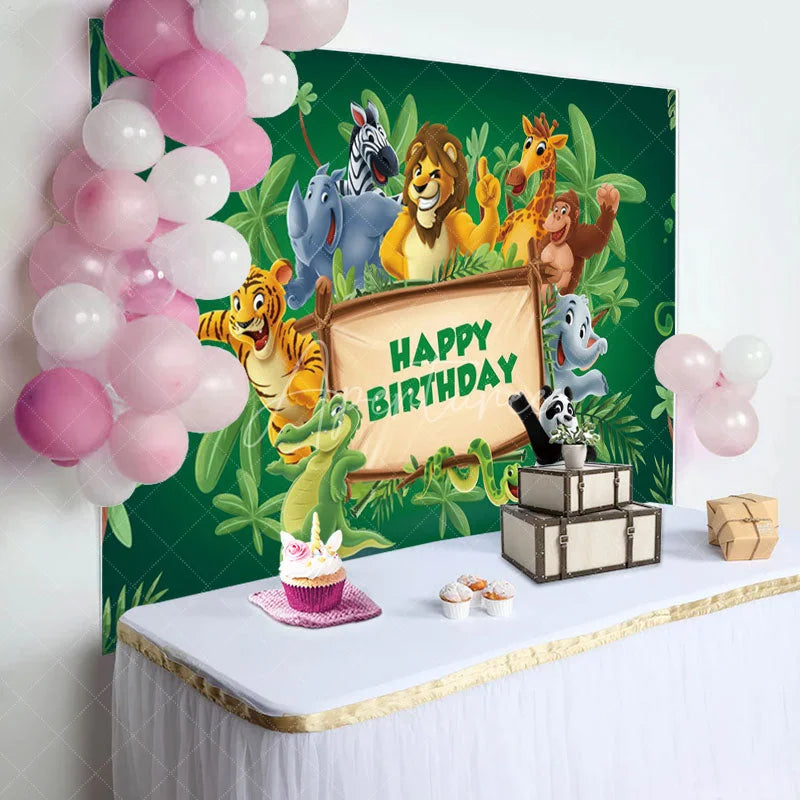 Aperturee - Green Leaves Wood Sign Animals Birthday Backdrop