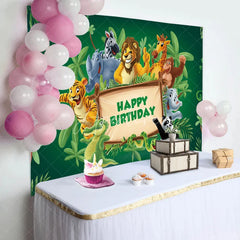Aperturee - Green Leaves Wood Sign Animals Birthday Backdrop