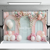 Aperturee - Green Pink Balloons Floral Cake Smash Photo Backdrop