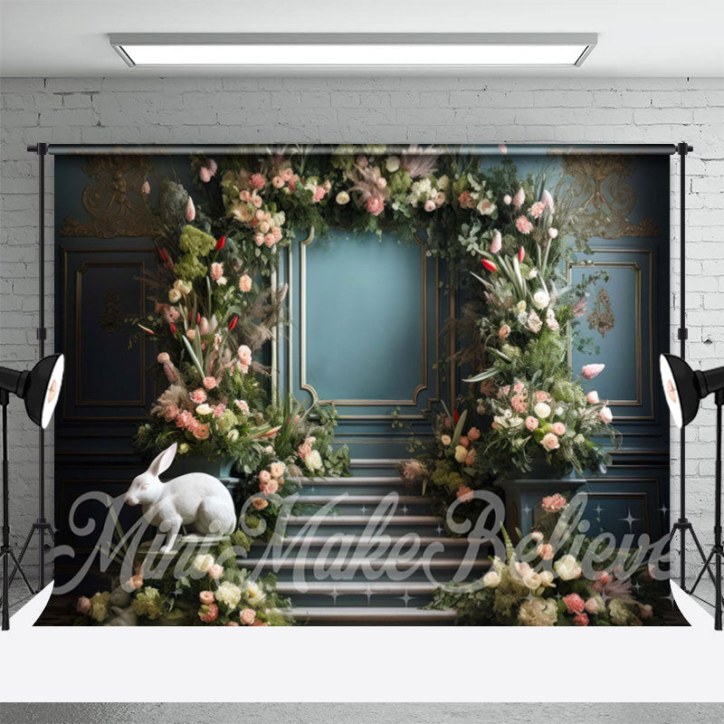 Aperturee - Green Plant Flowers Rabbit Sculpture Easter Backdrop