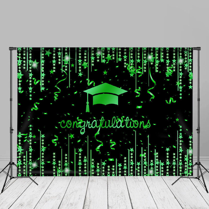 Aperturee - Green Stars Ribbon Glitter Black Grad Photo Backdrop