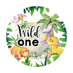 Aperturee - Green Trees And Dinosaur Round 1st Birthday Backdrop