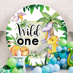 Aperturee - Green Trees And Dinosaur Round 1st Birthday Backdrop