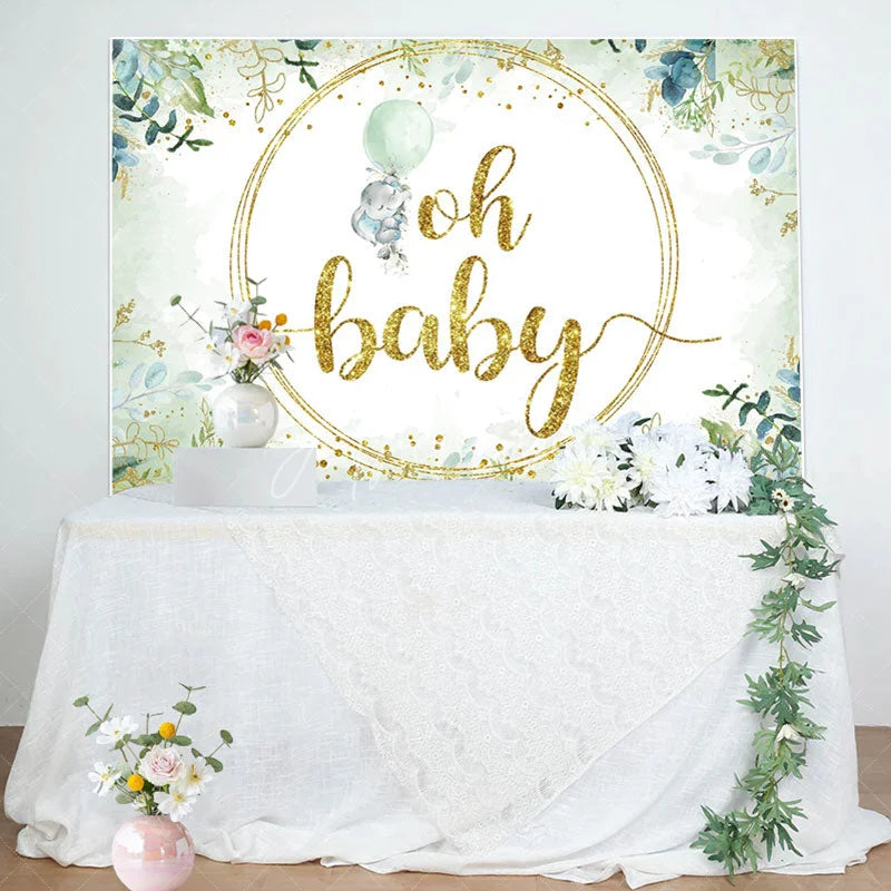 Aperturee - Green Watercolor Leaves Animal Baby Shower Backdrop