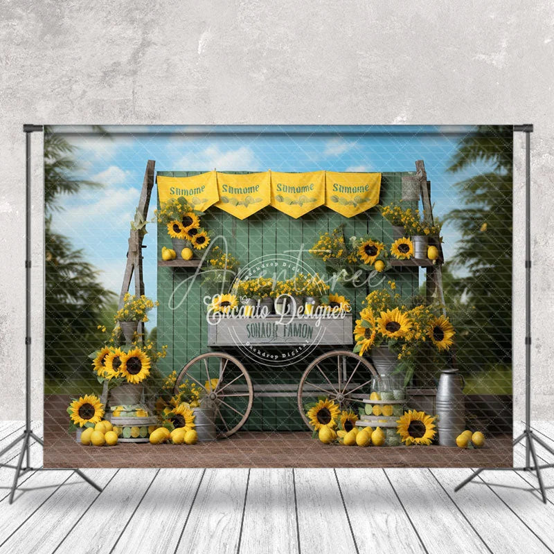 Aperturee - Green Wooden Board Sunflower Lemon Photo Backdrop