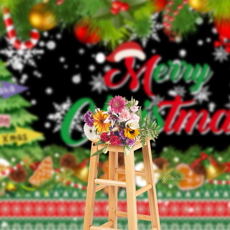Aperturee - Green Xmas Tree Gingerbread Merry Christmas Backdrop