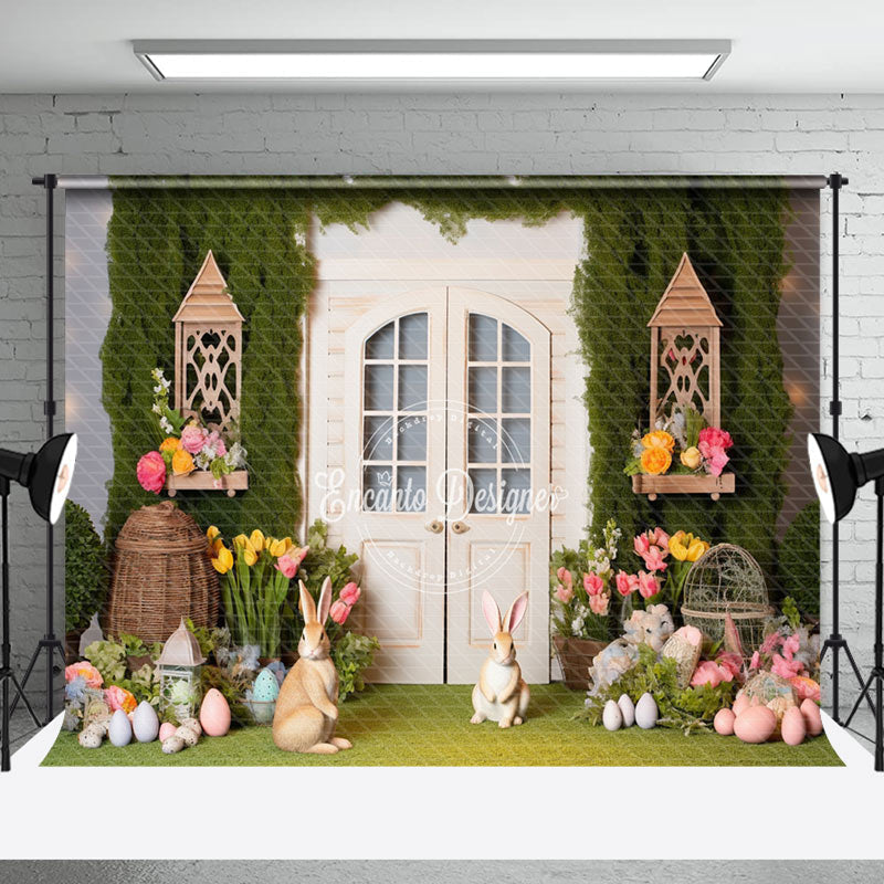 Aperturee - Greenery Spring Floral Bunny Easter Photo Backdrop