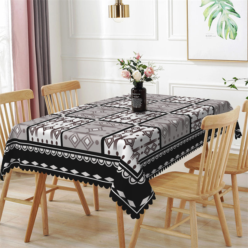 Aperturee - Grey White Rhombic Black Lace Rectangle Tablecloth
