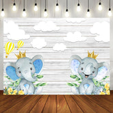 Aperturee - Grey Wooden Wall Elephant Clouds Baby Shower Backdrop