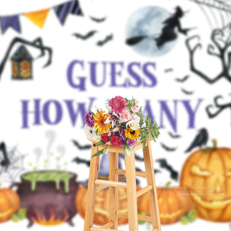 Aperturee - Guess How Many Pumpkin Witch White Halloween Backdrop