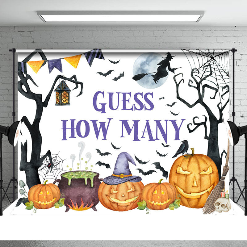 Aperturee - Guess How Many Pumpkin Witch White Halloween Backdrop