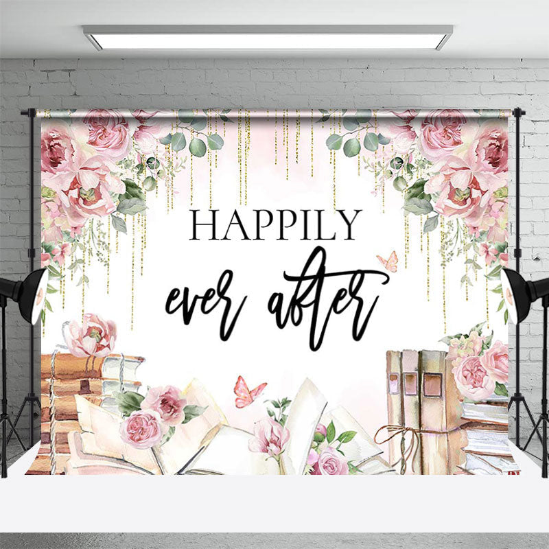 Aperturee - Happily Ever After Floral Books Backdrop For Wedding