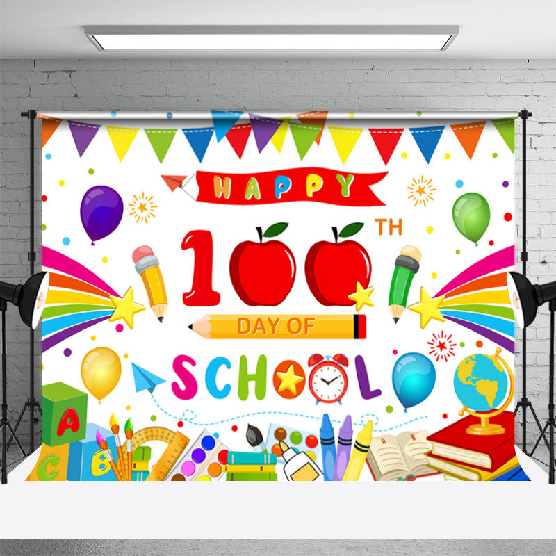 Aperturee - Happy 100th Day Cartoon Pen Back To School Backdrop