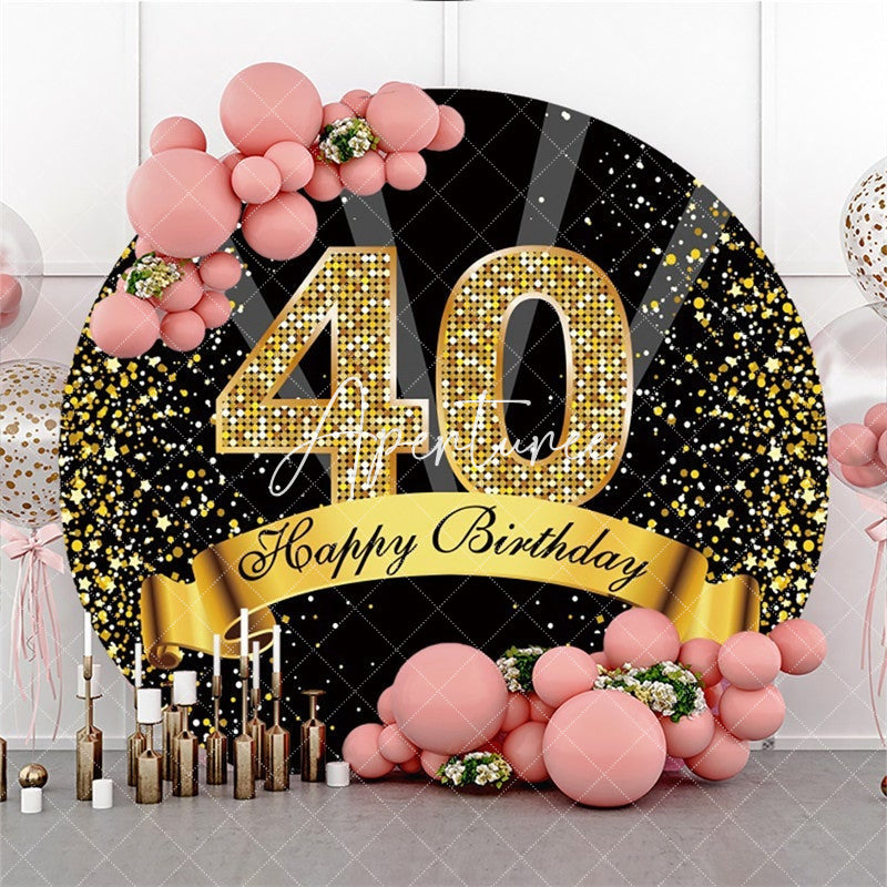 Aperturee Happy 40th Birthday Black And Gold Glitter Round Backdrops