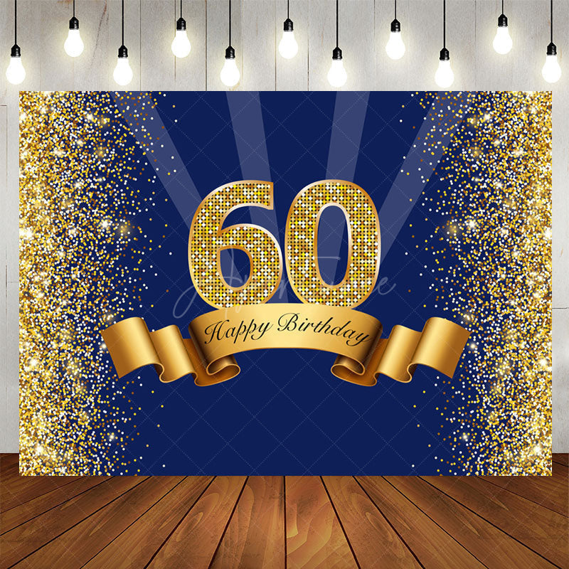 Aperturee - Happy 60th Birthday Royal Blue Gold Glitter Backdrop for Photos