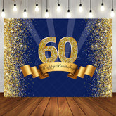 Aperturee - Happy 60th Birthday Royal Blue Gold Glitter Backdrop for Photos