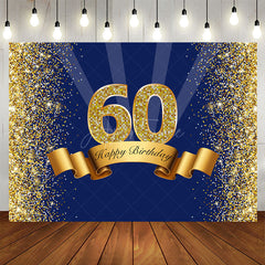 Aperturee - Happy 60th Birthday Royal Blue Gold Glitter Backdrop for Photos