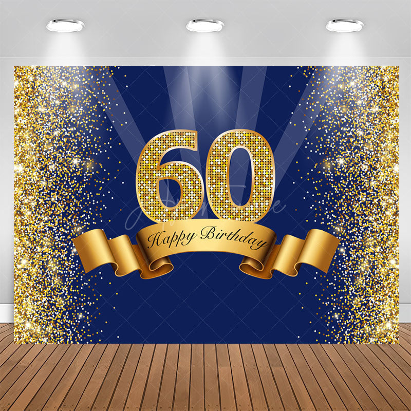 Aperturee - Happy 60th Birthday Royal Blue Gold Glitter Backdrop for Photos