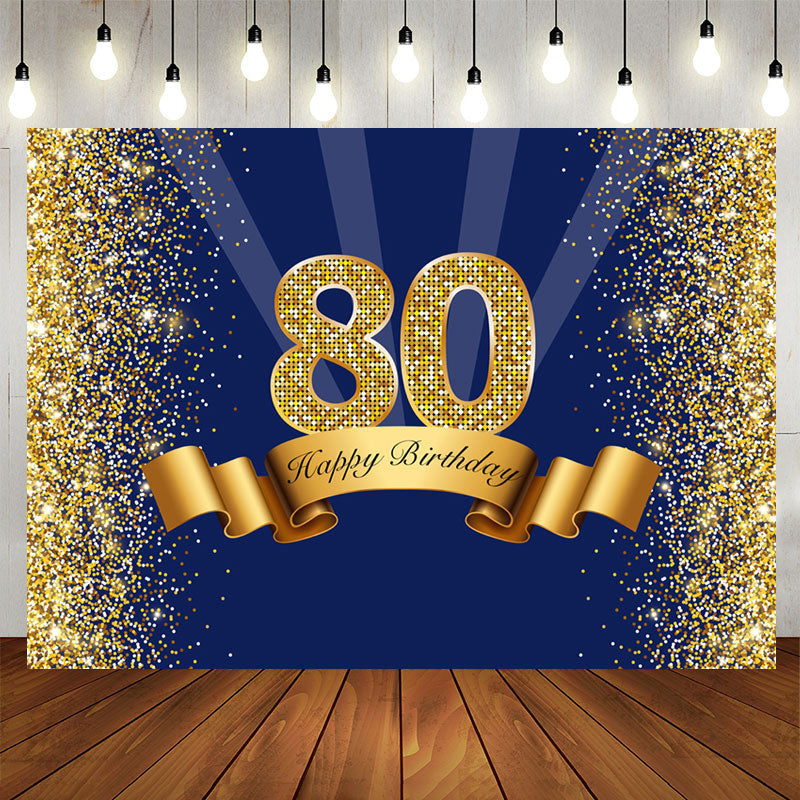 Aperturee - Happy 80th Birthday Gold Glitter Royal Blue Backdrop for Party