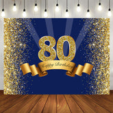 Aperturee - Happy 80th Birthday Gold Glitter Royal Blue Backdrop for Party