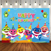 Aperturee - Happy Birthday Blue Ocean Themed Cartoon Shark Backdrop
