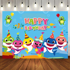 Aperturee - Happy Birthday Blue Ocean Themed Cartoon Shark Backdrop
