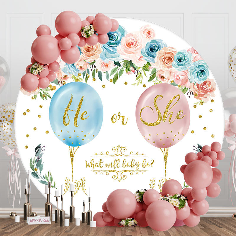 Aperturee - He Or She Floral White Round Gender Reveal Backdrop