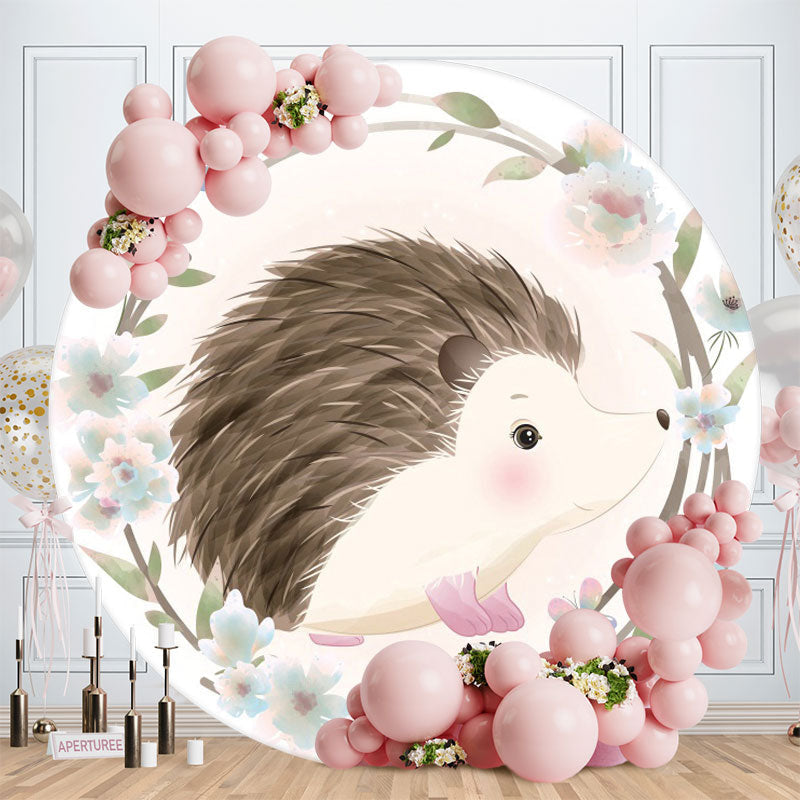 Aperturee - Hedgehog And Blue Floral Round Baby Shower Backdrop