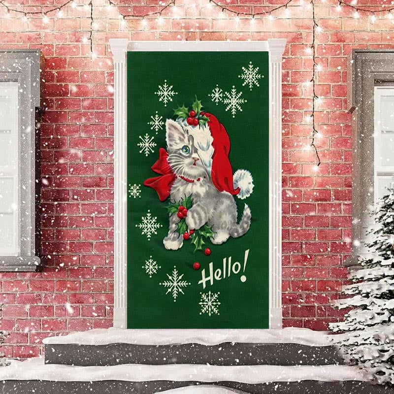 Aperturee - Hello Cat Green Snowflake Door Cover For Christmas