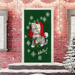 Aperturee - Hello Cat Green Snowflake Door Cover For Christmas