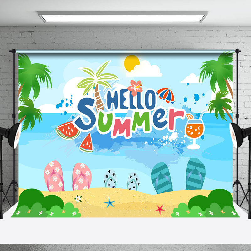 Aperturee - Hello Summer Beach Sea Palm Trees Photoshoot Backdrop