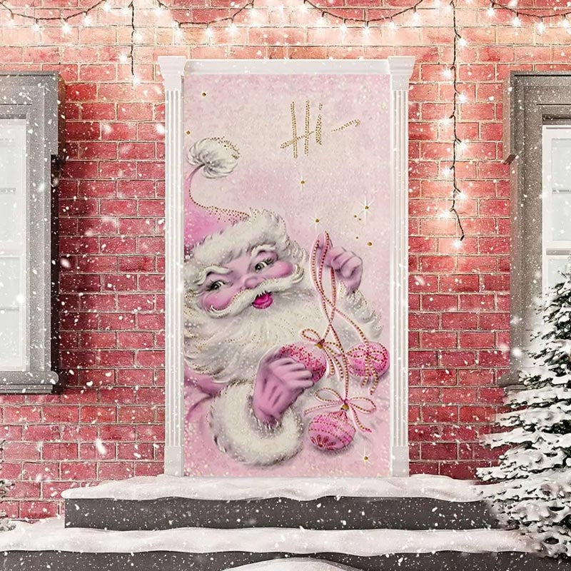 Aperturee - Hi Pink Santa Claus Snowy Door Cover For Christmas