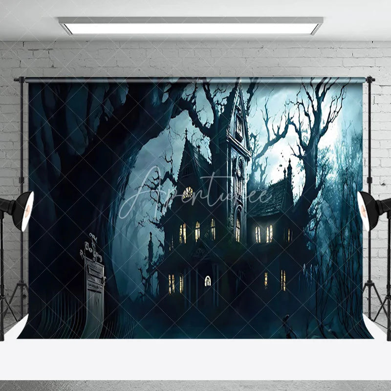 Aperturee - Horror Castle Misty Forest Halloween Backdrop
