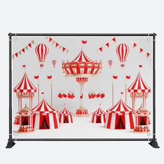 Aperturee - Hot Air Balloons Red White Circus Birthday Backdrop